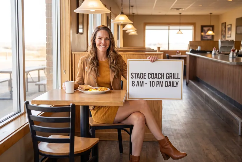 The guide character sits at a grill table with coffee and breakfast, holding a card that reads Stage Coach Grill, 8 am - 10 pm daily